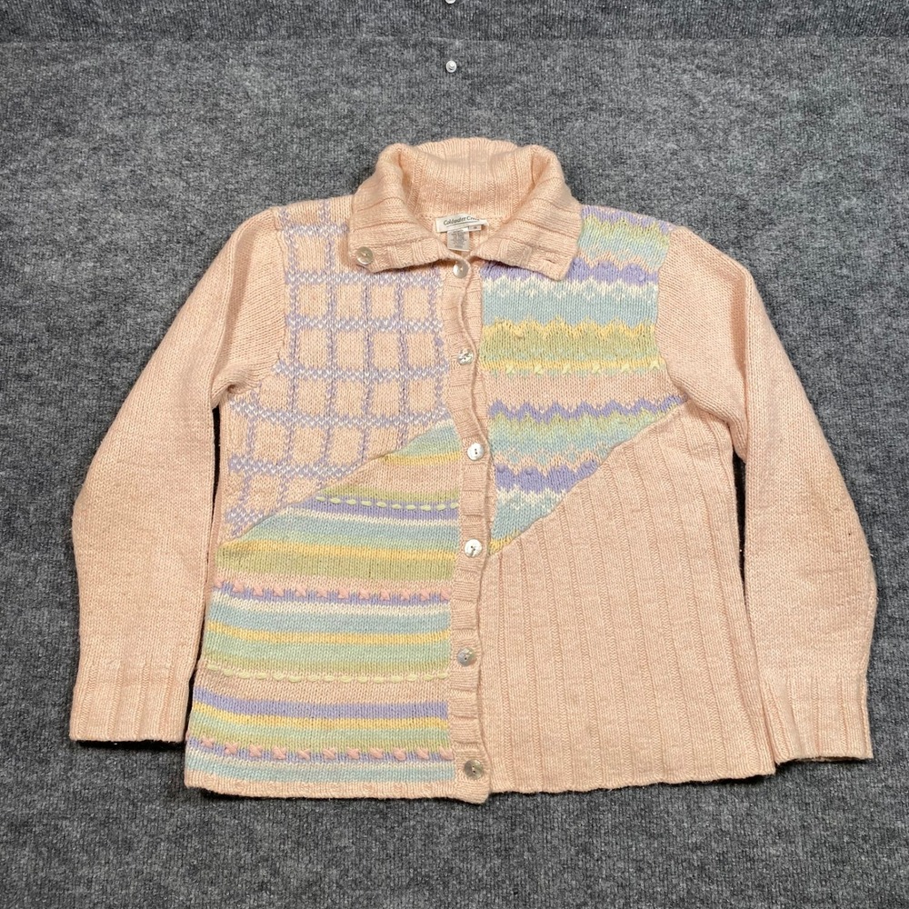 Coldwater Creek Pastel Patchwork Cardigan Sweater Peach Rabbit Hair Blend Small
